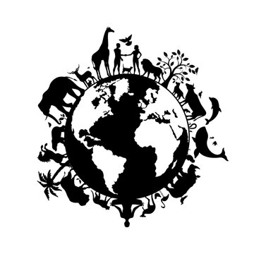 Planet Earth with animals and humans black silhouette icon vector. Planet Earth graphic design element isolated on a white background. Wildlife animals silhouette. Fauna and flora symbol