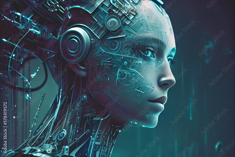 Wall mural female humanoid head with binary code background, symbolizing cutting-edge technology and artificial