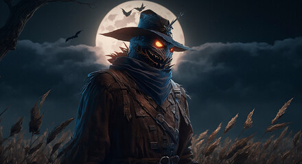 A creepy scarecrow, a monster against the background of the night sky and the moon. Gloomy illustrations for Halloween. Generative AI technology.