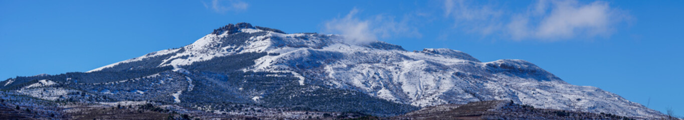 snow-capped mountains, blue skies, trees