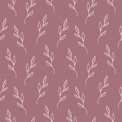 Fototapeta premium Cute seamless repeating pattern with branches on a burgundy background, floral motif. Hand drawn leaves in a pattern for design, textile, wrapping paper and packaging design