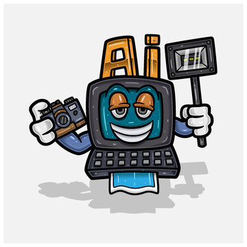 Computer AI Cartoon Character Holding Camera And Flash. With Simple Gradients.