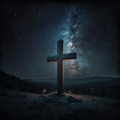 cross in the night with sky