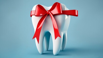 Fototapeta na wymiar A dental concept featuring a white teeth model with a red bow ribbon over a blue background to promote dental care.