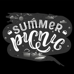 Hand drawn vector illustration with white lettering on textured background Summer Picnic for party, invitation, celebration, advertising, information messages, poster, website, flyer, banner, template