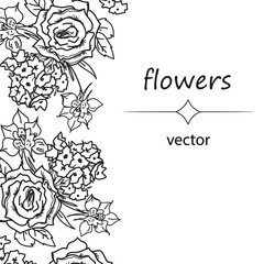 Decorative banner or card, wedding invitation template with flowers in line contour art, hand drawn vector Illustration on white background. Elegant banner or card with freehand drawn roses.