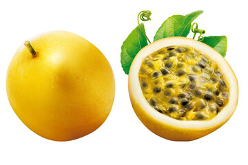 Maracuj&aacute; inteiro e maracuj&aacute; cortado com folha e talo no fundo transparente 