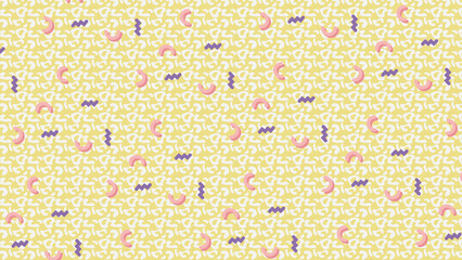 Memphis Pattern background in yellow, pink, lilac and white colors.