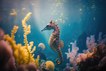 Long-snouted seahorse (Hippocampus guttulatus) in sea. seahorse in the ocean (ai generated)