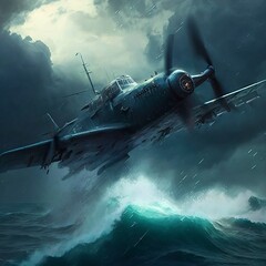 military fighter flies through a thunderstorm. Severe storm at sea. Generative AI