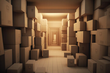 Pile of cardboard boxes near the wall indoors, space for text. moving day. generative AI