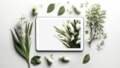 An electronic tablet among snowdrops as in a frame. congratulations.mockup. generative AI