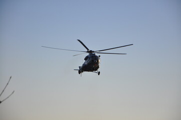 Rijeka 14.2.2023. Croatia.Military helicopter maneuvers in the blue sky. Air force Mil Mi-171Sh in Croatian sky. Military Helicopter Flight. Transporting injured people from island.