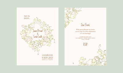 Invitation for the wedding, front and back sides with flowers drawn in doodle style