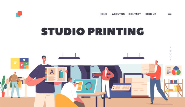 Studio Printing Landing Page Template. Advertising Agency, Polygraphy Industry. Characters Designers Work