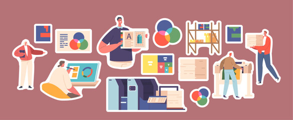 Set of Stickers Printing House Advertising Agency, Polygraphy Industry. Designers, Workers Characters Producing Press