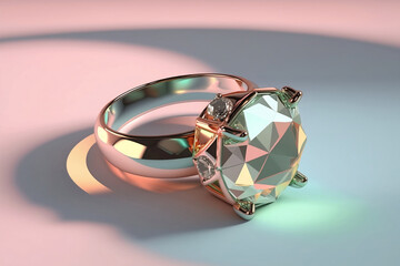 Diamond engagement ring at the pastel color background.  Generative AI.