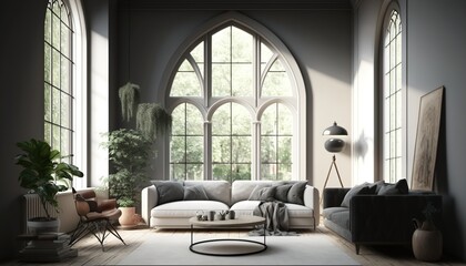 Fototapeta premium a living room with a large window in a digital rendering. Generative AI.