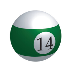 Green pool ball number fourteen icon isolated on white background, realistic 3d stripe glossy number 14 billiard ball. Vector illustration