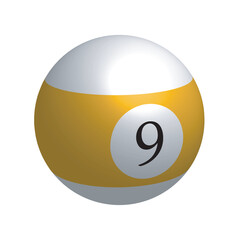 Yellow pool ball number nine icon isolated on white background, realistic 3d stripe glossy number 9 billiard ball. Vector illustration