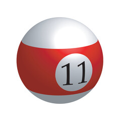 Red pool ball number eleven icon isolated on white background, realistic 3d stripe glossy number 11 billiard ball. Vector illustration