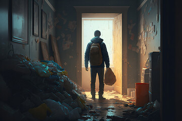 A man with garbage bags in his hands looks at his room, concept of Discardment and Disorganization, created with Generative AI technology