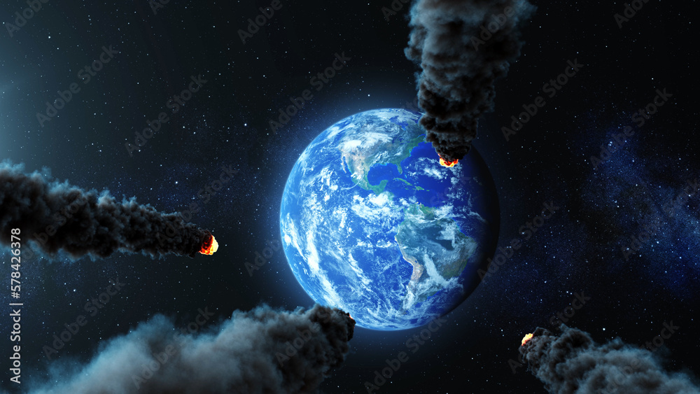 Wall mural 3d rendering,multiple asteroids heading planet earth, 2022, outer space view