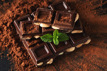 Dark and milk chocolate with nuts on a dark background sprinkled with cocoa powder.
