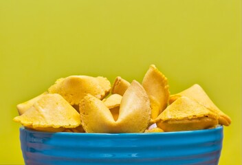 Unopened fortune cookies in a blue ceramic bowl partial, isolated on a yellow background with copy space.
