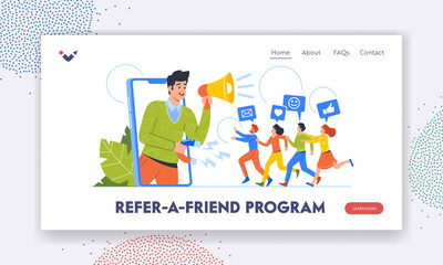 Fototapeta na wymiar Refer a Friend Program Landing Page Template. Male Character with Bullhorn Attracting Customers from Huge Smartphone