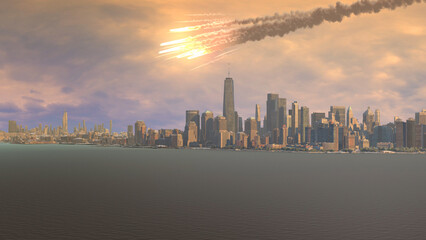 3d rendering, Drone view of meteors or missiles burning over Manhattan city, usa, 2023