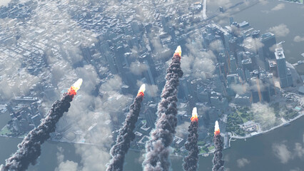 3d rendering, Asteroids or Rockets Above New York Manhattan,Aerial,2023 New york city in danger with falling meteors or rocket attack  © ImageBank4U