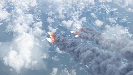 3d rendering, Asteroids or Rockets Above New York Manhattan,Aerial,2023
New york city in danger with falling meteors or rocket attack
