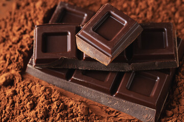 Dark and milk chocolate with nuts on a dark background sprinkled with cocoa powder.