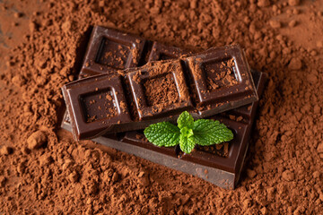 Dark and milk chocolate with nuts on a dark background sprinkled with cocoa powder.