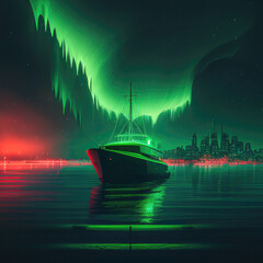 Icebreaking vessel ship in Arctic with background of northern lights or Aurora borealis. Concept travel expedition to north pole. Generation AI