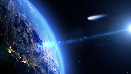 3d rendering,
Large white blue comet very close to impact earth, Outer space view