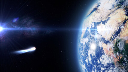 Obraz na płótnie Canvas 3d rendering, Large white blue comet very close to impact earth, Outer space view