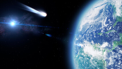 3d rendering,
Large white blue comet very close to impact earth, Outer space view