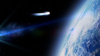 3d rendering, Earth and close white comet, Outer space view