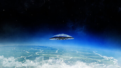 Naklejka premium 3d rendering,Flying saucer ufo over Earth Atmosphere, Outer space viewA spaceship flies through the earth cloudy atmosphere, 2022 