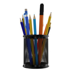 Black office pen holder. With handles. Office stationery. 3D illustration