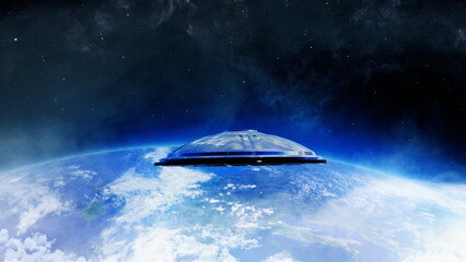 3d rendering,Flying saucer ufo over Earth Atmosphere, Outer space view

A spaceship flies through the earth cloudy atmosphere, 2022
