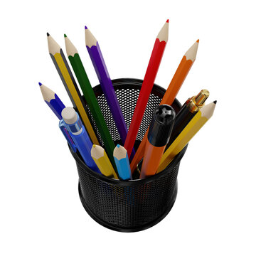 Black office pen holder. With handles. Office stationery. 3D illustration