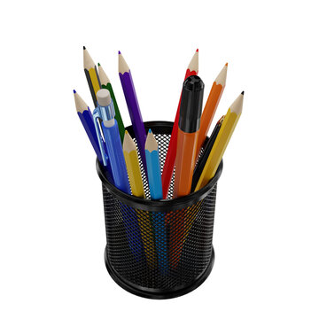 Black office pen holder. With handles. Office stationery. 3D illustration