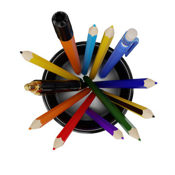 Black office pen holder. With handles. Office stationery. 3D illustration