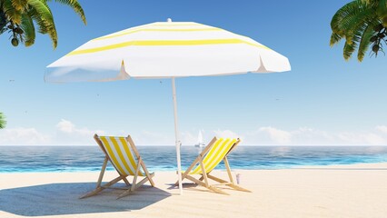 Beautiful beach. Chairs on the beach near the sea. 3d rendering. Summer vacation and vacation concept for tourism. inspiring tropical landscape.