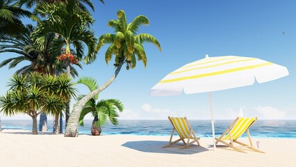 Beautiful beach. Chairs on the beach near the sea. 3d rendering. Summer vacation and vacation concept for tourism. inspiring tropical landscape.