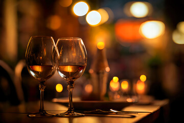 two wine glass on a table, italian restaurant. ai generative