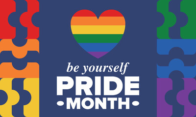 LGBT Pride Month in June. Lesbian Gay Bisexual Transgender. Celebrated annual. LGBT flag. Rainbow love concept. Human rights and tolerance. Poster, card, banner and background. Vector illustration